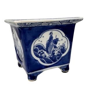 VINTAGE Napco Asian White Blue Mandarin Vase Ceramic Motif Flower Pot Square